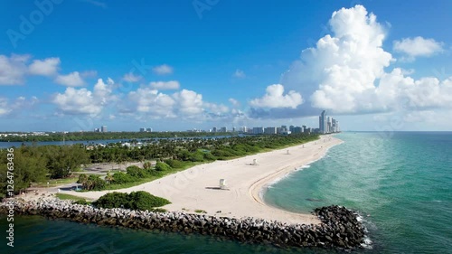 Aerial of Haulover Inlet and Beach Park, with the Sunny Isles skyline in the distance.