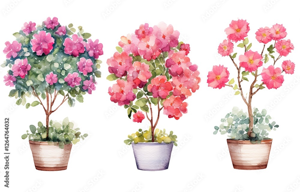 cute watercolor flower tree pot set isolated on white background, clipart cute watercolor flower tree pot set isolated on white background, clipart