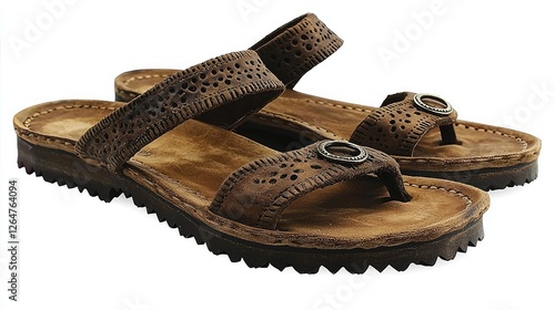 A pair of stylish brown sandals with intricate designs on the straps, placed on a neutral background