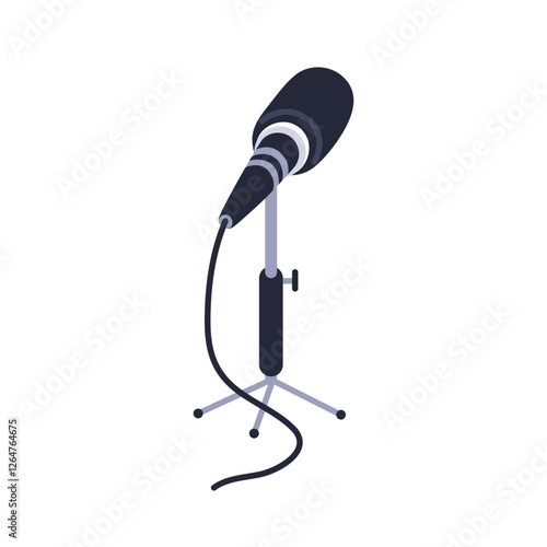 Microphone on desktop stand with cable. Professional audio equipment for broadcasting, press conferences, live reporting. Table mic, mike. Flat vector illustration isolated on white background