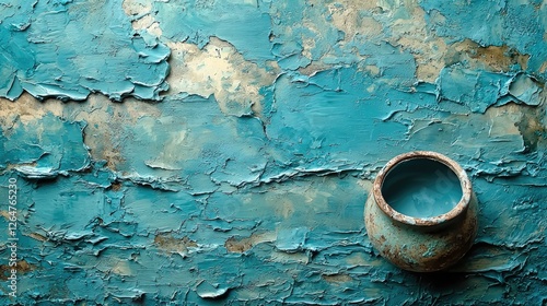 Textured turquoise wall with a rustic clay pot, creating a serene artistic ambiance