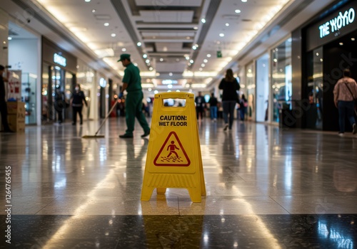 Wet Floor Caution Sign with Cleaner in a Mall Setting