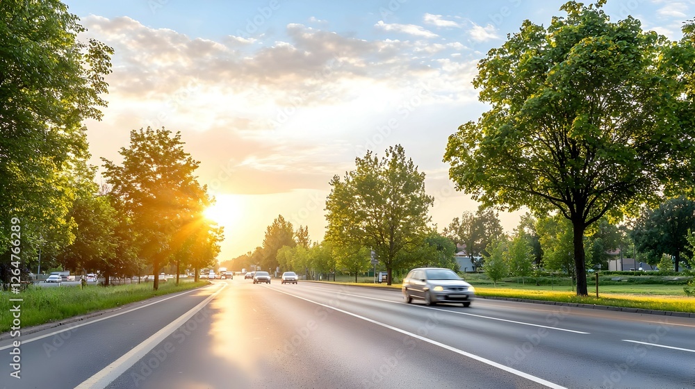 Sunset Highway Landscape with Cars and Lush Green Trees Sunset Highway Landscape with Cars and Lush Green Trees
