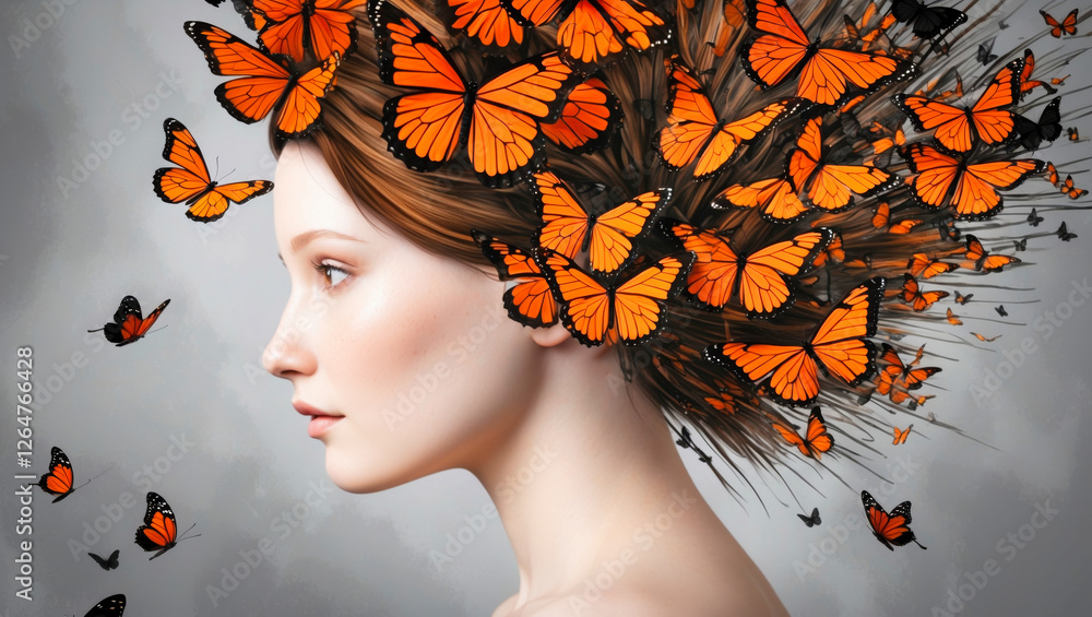 Φωτογραφία Surreal stylized portrait of a young woman with butterflies in her hair