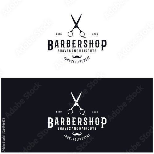 Barbershop logo vintage, retro, haircut, shaving, with scissors, shaving pole, comb, razor. for business, emblems, labels, barber shops, badges.
