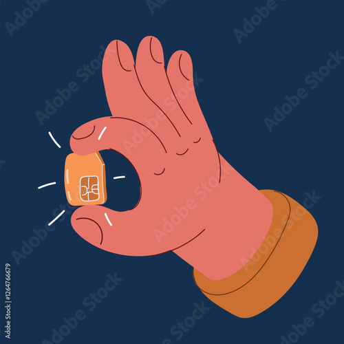 Cartoon vector illustration of a hand holding a SIM card for a smartphone, symbolizing connectivity and mobile technology over dark background