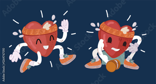 Cartoon vector illustration of a heart engaging in cardio and lifting dumbbells to build strength and fitness over dark background