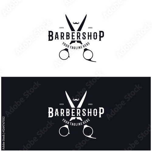 Barbershop logo vintage, retro, haircut, shaving, with scissors, shaving pole, comb, razor. for business, emblems, labels, barber shops, badges.