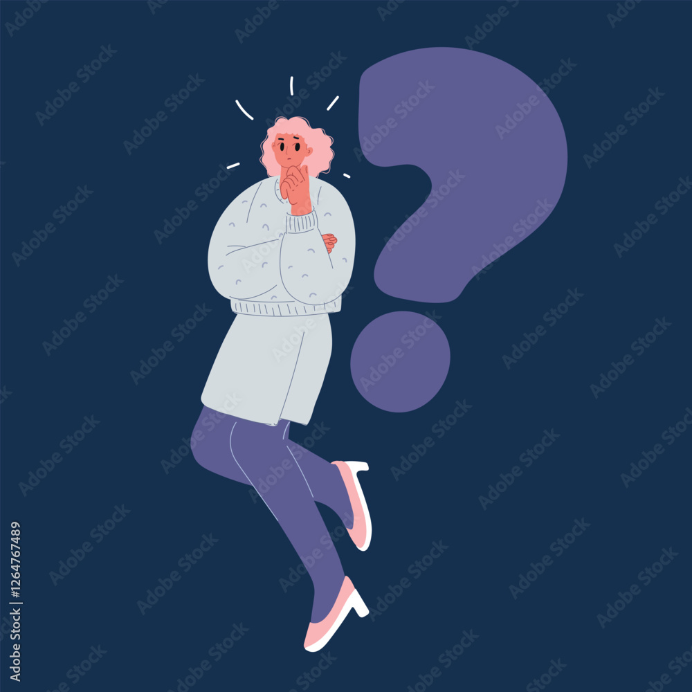 Cartoon vector illustration of a woman floating with a question mark, symbolizing deep thought, curiosity, and contemplation over dark background Cartoon vector illustration of a woman floating with a question mark, symbolizing deep thought, curiosity, and contemplation over dark background