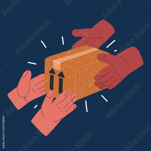 Cartoon vector illustration of a package being exchanged between hands, symbolizing delivery, transfer, and teamwork over dark background