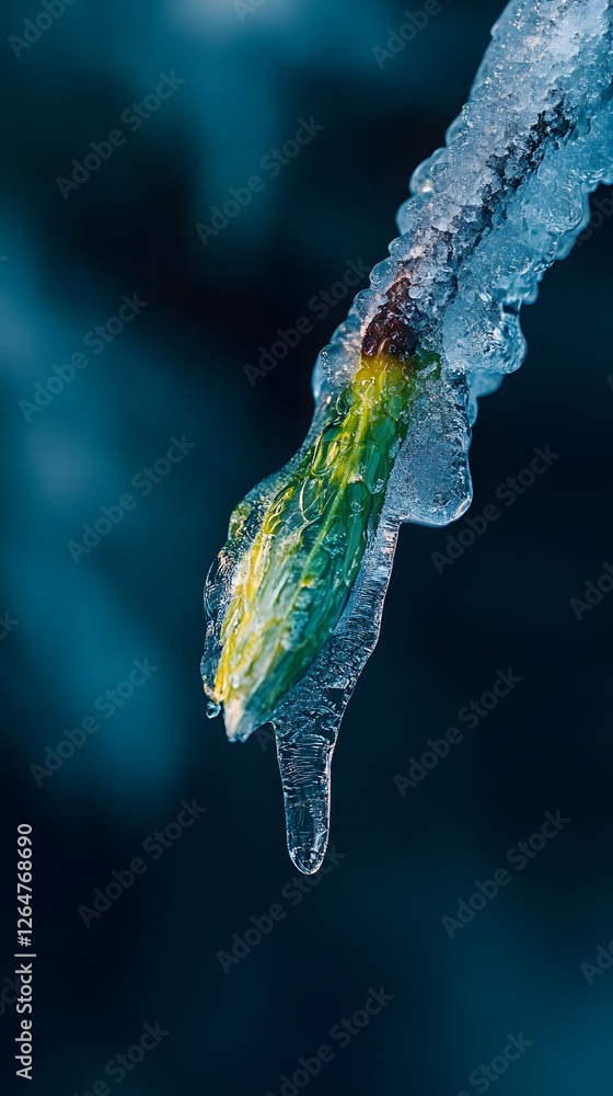 Fototapeta premium A close-up of an ice-covered leaf on the end of a tree branch 