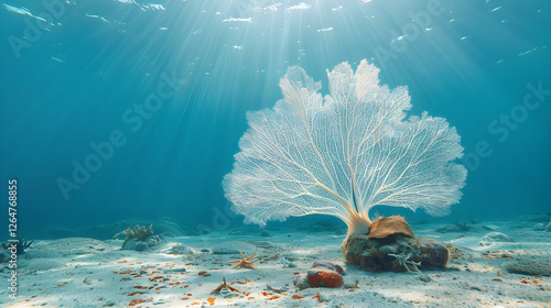 Delicate Sea Fan Swaying in Gentle Ocean Current, Vibrant Coral Reef Scene for Marine Life Exploration and Underwater Beauty