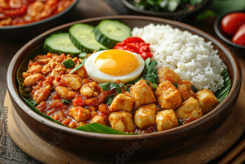 Enjoying a delicious bowl of chicken stir-fry with rice and fresh vegetables at a cozy restaurant during lunch photo