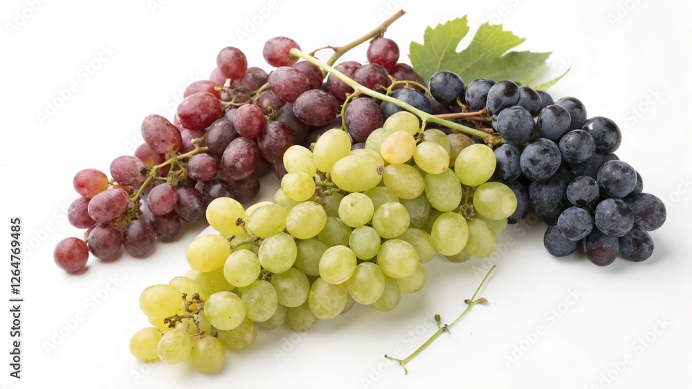 Red, Green and Black Grapes: A vibrant and appetizing still life featuring three bunches of grapes—red, green, and black—arranged artfully together, showcasing their rich colors and juicy texture. Red, Green and Black Grapes: A vibrant and appetizing still life featuring three bunches of grapes—red, green, and black—arranged artfully together, showcasing their rich colors and juicy texture.