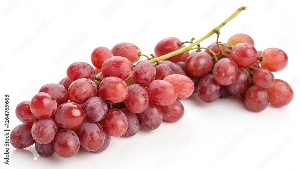 Red Globe Grapes: Two bunches of ripe, red globe grapes, plump and juicy, sit side by side on a stem. The vibrant color and perfect condition make them visually appealing. Red Globe Grapes: Two bunches of ripe, red globe grapes, plump and juicy, sit side by side on a stem. The vibrant color and perfect condition make them visually appealing.