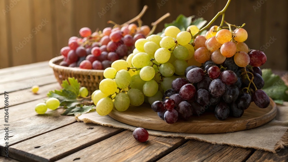 Harvest Bounty: A vibrant still life showcasing three varieties of ripe grapes—red, green, and black—arranged on a rustic wooden table. The colors and textures are rich and inviting. Harvest Bounty: A vibrant still life showcasing three varieties of ripe grapes—red, green, and black—arranged on a rustic wooden table. The colors and textures are rich and inviting.