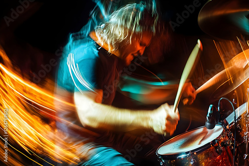 Wallpaper Mural A dynamic drummer performing energetically, captured in motion with colorful lighting. Torontodigital.ca