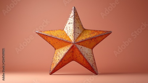 A vibrant, textured orange star sculpture set against a smooth pastel background, showcasing artistry