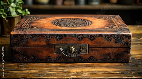 Vintage leather box with intricate carvings on a wooden table, surrounded by plants and rustic decor