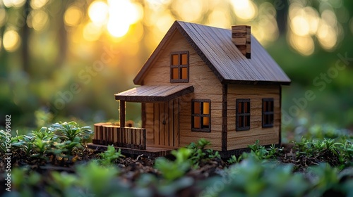 Miniature wooden house surrounded by greenery at sunset, creating a serene and cozy atmosphere