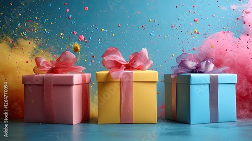 Colorful gift boxes with ribbons amidst vibrant smoke and confetti explosion in background