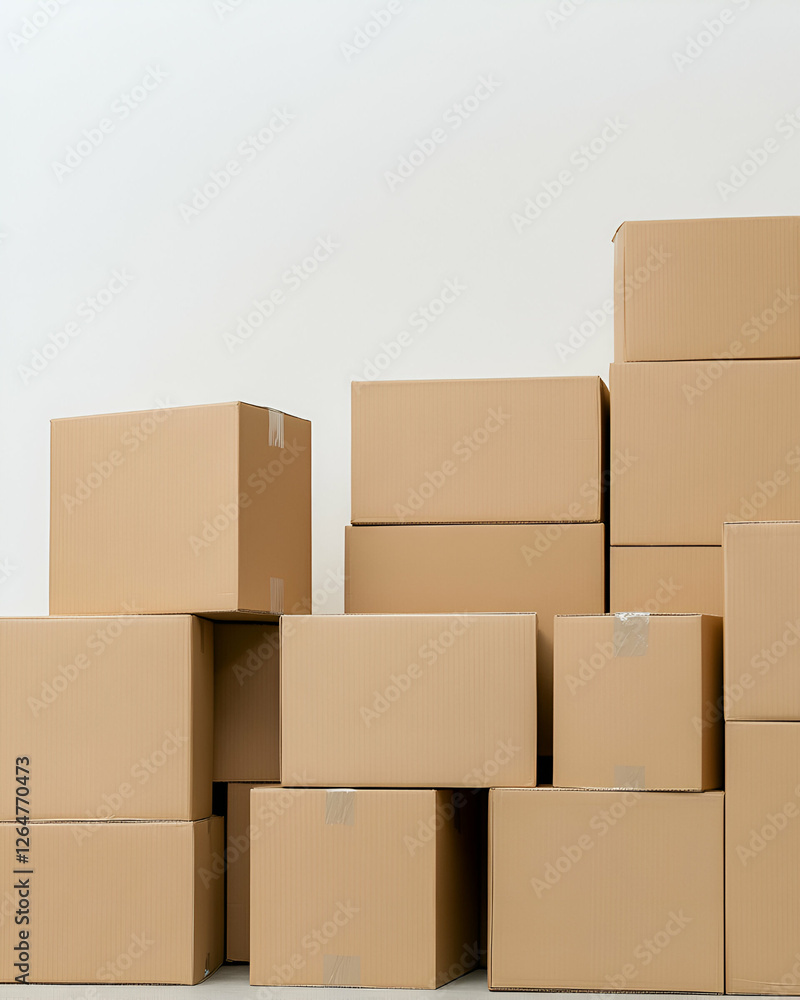 A stack of plain cardboard boxes arranged in a visually appealing way against a minimalist background, representing logistics, storage solutions, and the work of moving or packing. A stack of plain cardboard boxes arranged in a visually appealing way against a minimalist background, representing logistics, storage solutions, and the work of moving or packing.