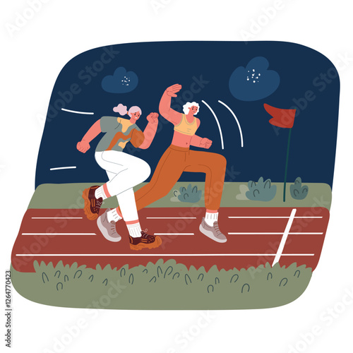 Cartoon vector illustration of two women competing in a race on a stadium track, symbolizing ambition, rivalry, and perseverance over dark background
