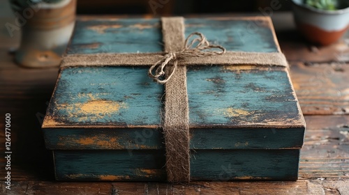 Rustic wooden gift box wrapped in twine, placed on a weathered table with plants in background