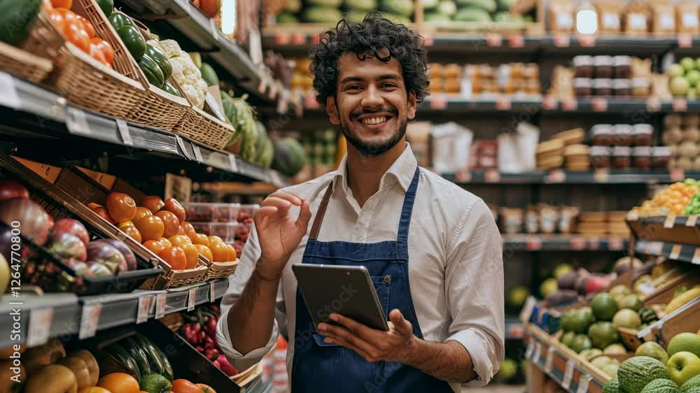 Smiling male grocery store employee with tablet in hand, surrounded by fresh produce and vibrant fruits in a well-stocked market, conveying a sense of customer service and engagement Smiling male grocery store employee with tablet in hand, surrounded by fresh produce and vibrant fruits in a well-stocked market, conveying a sense of customer service and engagement
