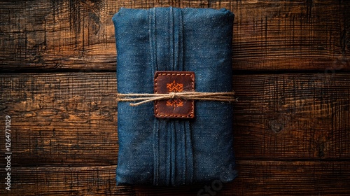 A beautifully wrapped denim package secured with twine on a rustic wooden surface