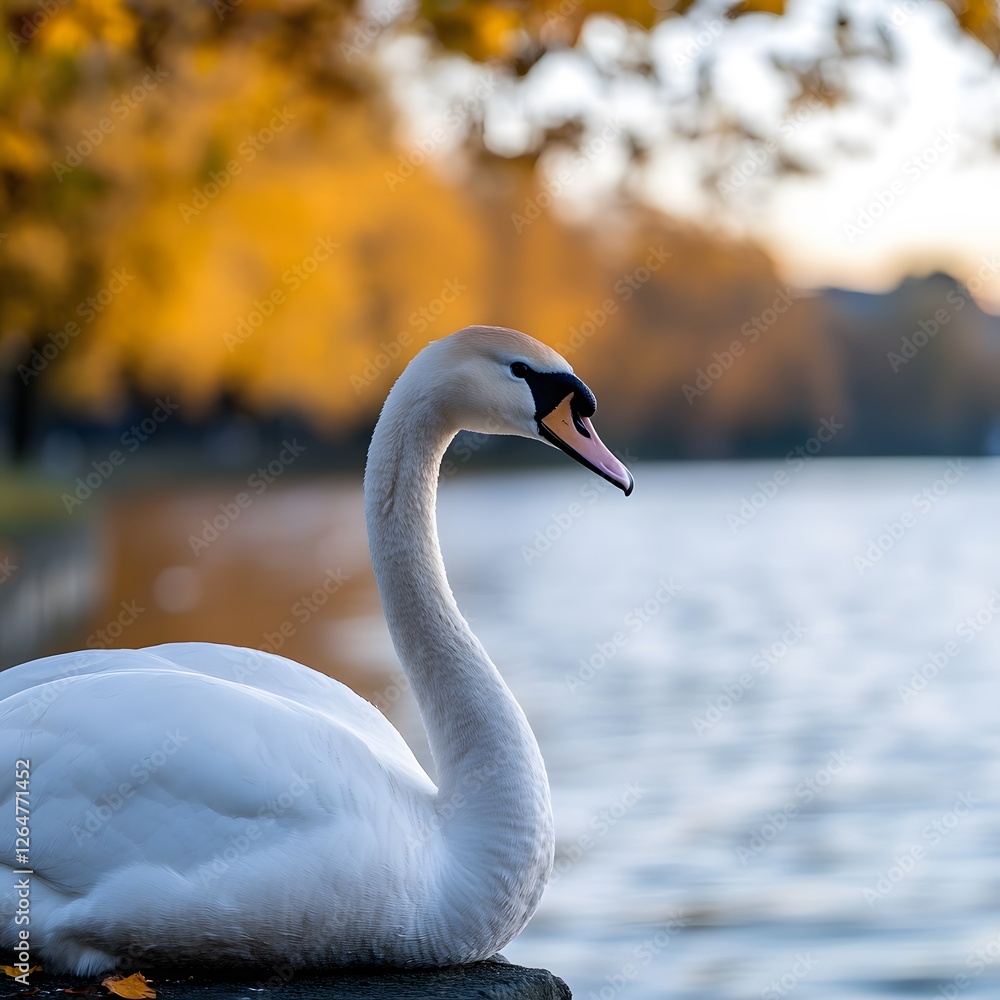 Elegant swan rests lake autumn sunset park nature Elegant swan rests lake autumn sunset park nature