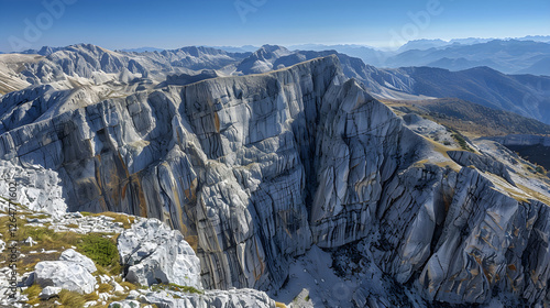 Majestic Mountain Vista: A breathtaking panorama unfolds, revealing the rugged beauty of towering mountain peaks under a clear, azure sky, an awe-inspiring landscape of nature's grandeur.