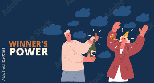 Cartoon vector illustration of a man popping champagne and a woman using a party blower, celebrating with joy and teamwork over dark background