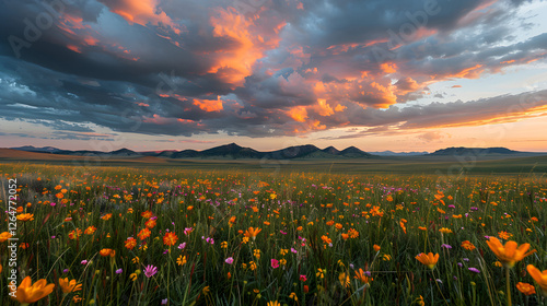 Vibrant Meadow at Twilight: A wide-angle capture of a wildflower meadow ablaze with color beneath a dramatic twilight sky.