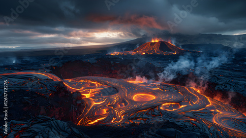 Volcanic Eruption at Night: A breathtaking aerial view captures the fiery spectacle of a volcanic eruption at night. Molten lava flows illuminate the dark landscape.