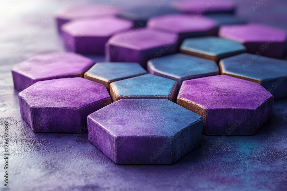 Colorful hexagonal tiles scattered on a textured surface create a visually striking abstract design in vibrant hues Colorful hexagonal tiles scattered on a textured surface create a visually striking abstract design in vibrant hues