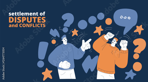 Cartoon vector illustration of two men in a passionate debate, symbolizing disagreement, tension, and differing perspectives over dark background