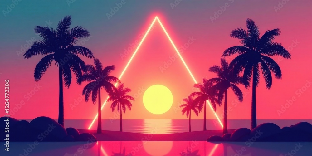 Fototapeta premium Vibrant Sunset Scene with Palm Trees and Glowing Neon Triangle Frame on a Tropical Beach