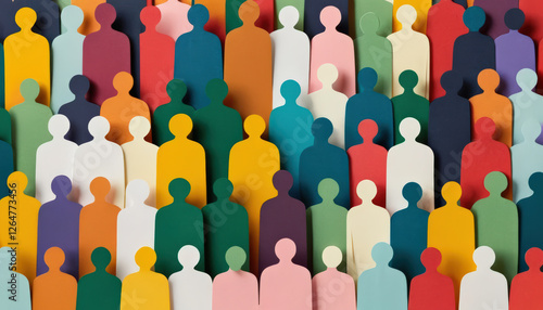 A lot of colorful silhouettes of people cut out of cardboard. Crowd and diversity concept.