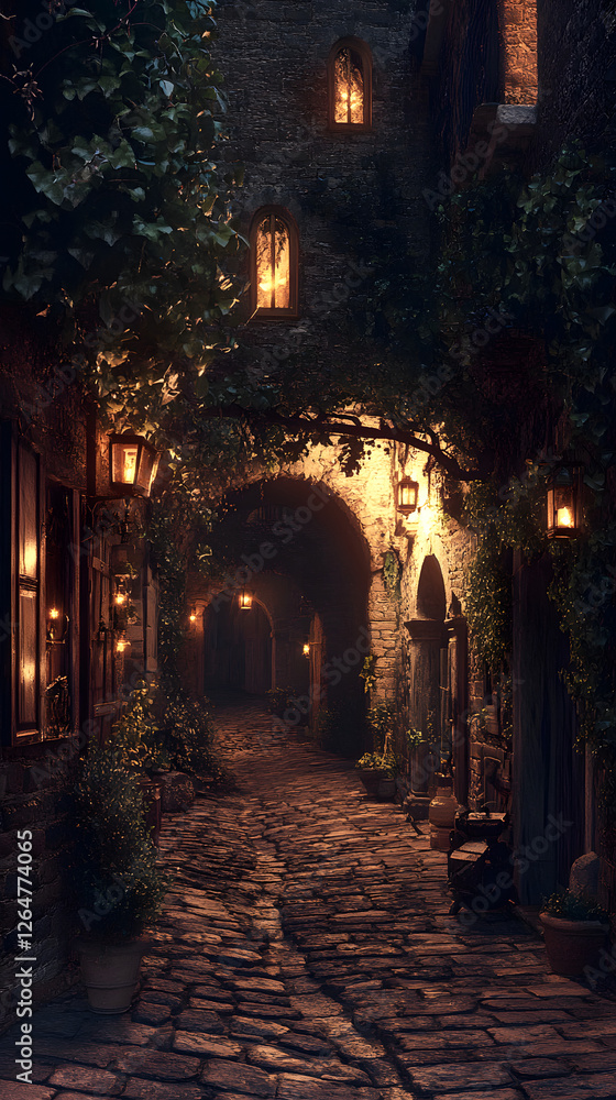 Fototapeta premium A narrow cobblestone street in an ancient Italian town, lined with historic buildings and illuminated by the soft glow of lanterns 