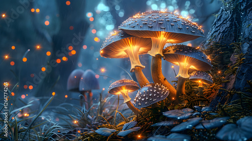 Enchanted Forest Mushrooms: A whimsical depiction of illuminated mushrooms within a mystical woodland, filled with enchanting bioluminescent details and an air of otherworldly charm.