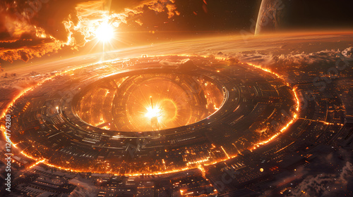 Dyson Sphere Encircling Distant Star Harnessing Cosmic Energy in Futuristic Space Scene with Glowing Orbital Megastructure and Vibrant Galaxy Background for Sci-Fi Exploration