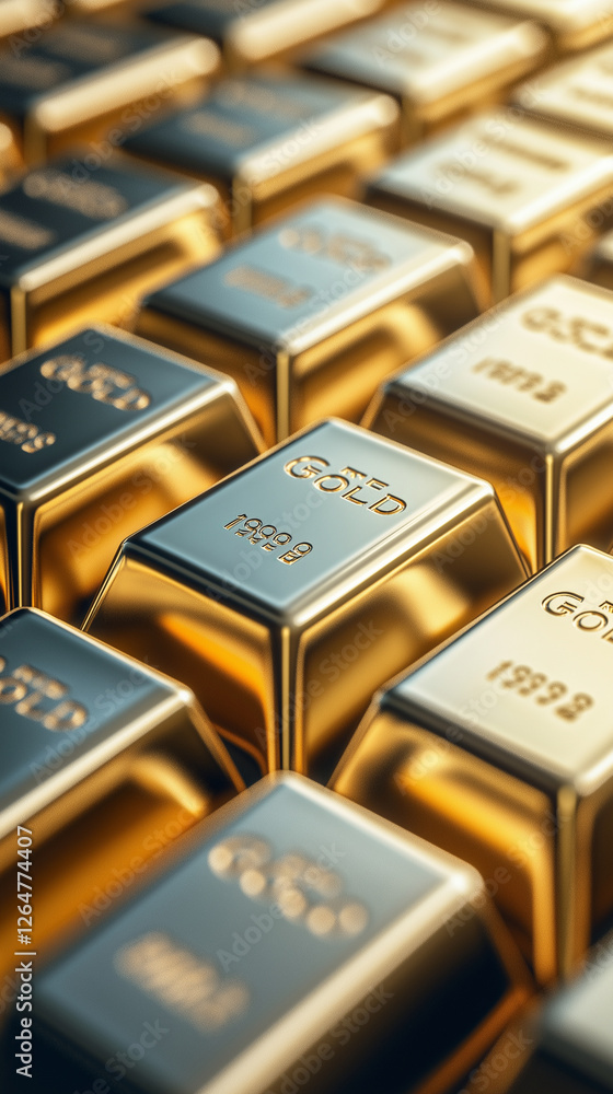 Gold bars precisely aligned in symmetrical grid, highlighting precious metal investment, financial strength, and wealth preservation concept Gold bars precisely aligned in symmetrical grid, highlighting precious metal investment, financial strength, and wealth preservation concept