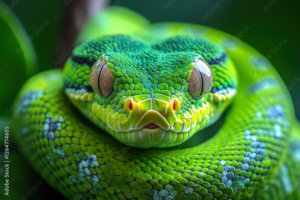 Bright green snake resting on a branch in a lush tropical environment during daylight hours Bright green snake resting on a branch in a lush tropical environment during daylight hours
