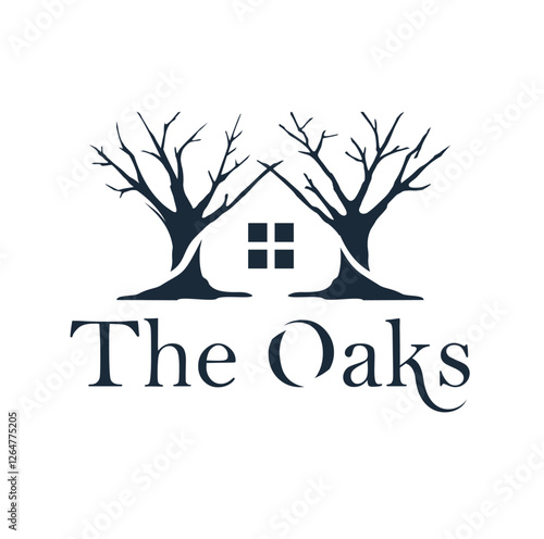 oak tree  Vector logo. Design template of two trees incorporate with a house that made from a simple scratch.