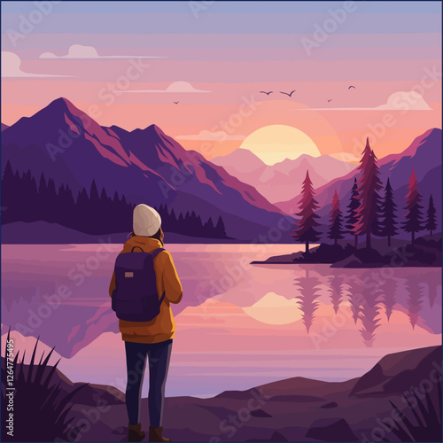 Woman Hiker Watching Sunset Over Mountain Lake Reflection Serene Landscape