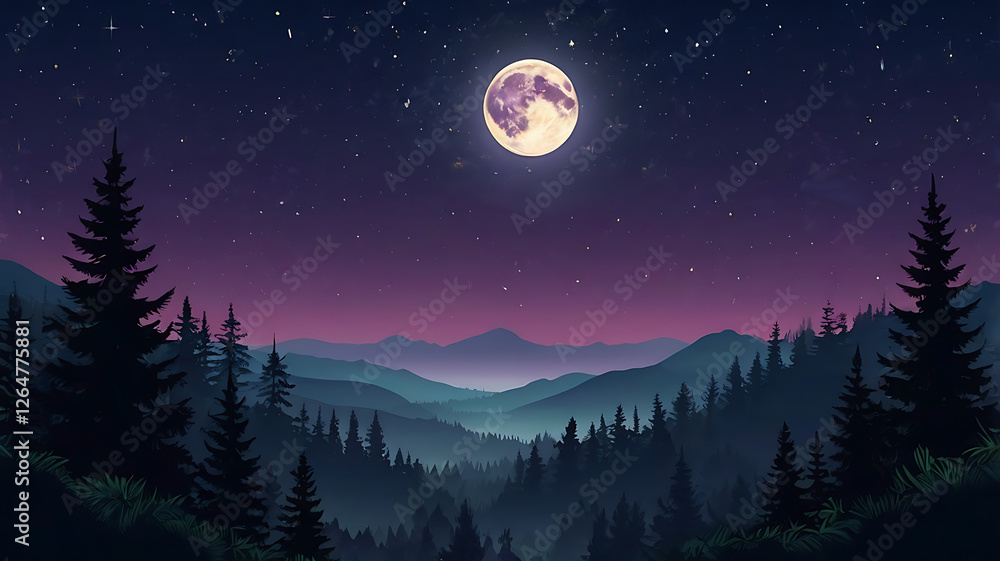Naklejka premium Night landscape Vector illustration with mountain and moon