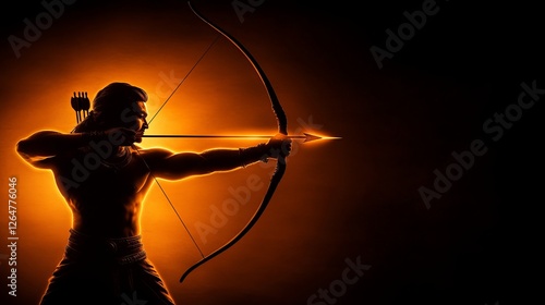 A skilled archer draws back a bow, preparing to release an arrow, illuminated by an intense orange glow photo