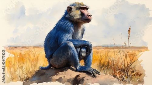 Blue baboon sitting on a rock in a golden savanna under a bright sky, showcasing wildlife