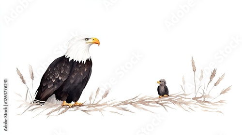 Majestic bald eagle stands tall beside its young chick on a delicate branch in a serene landscape